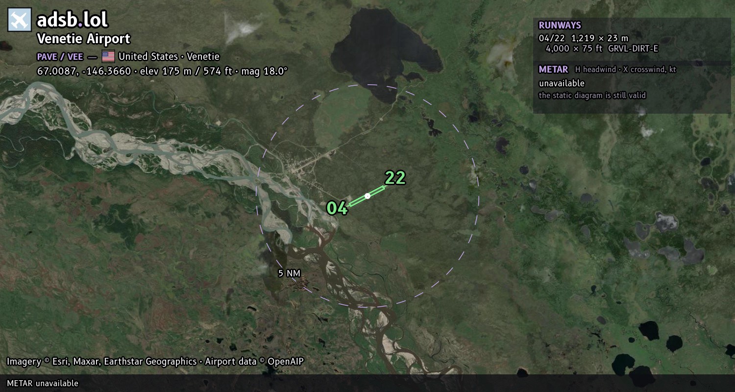 Satellite map with the runway layout of Venetie Airport (PAVE)