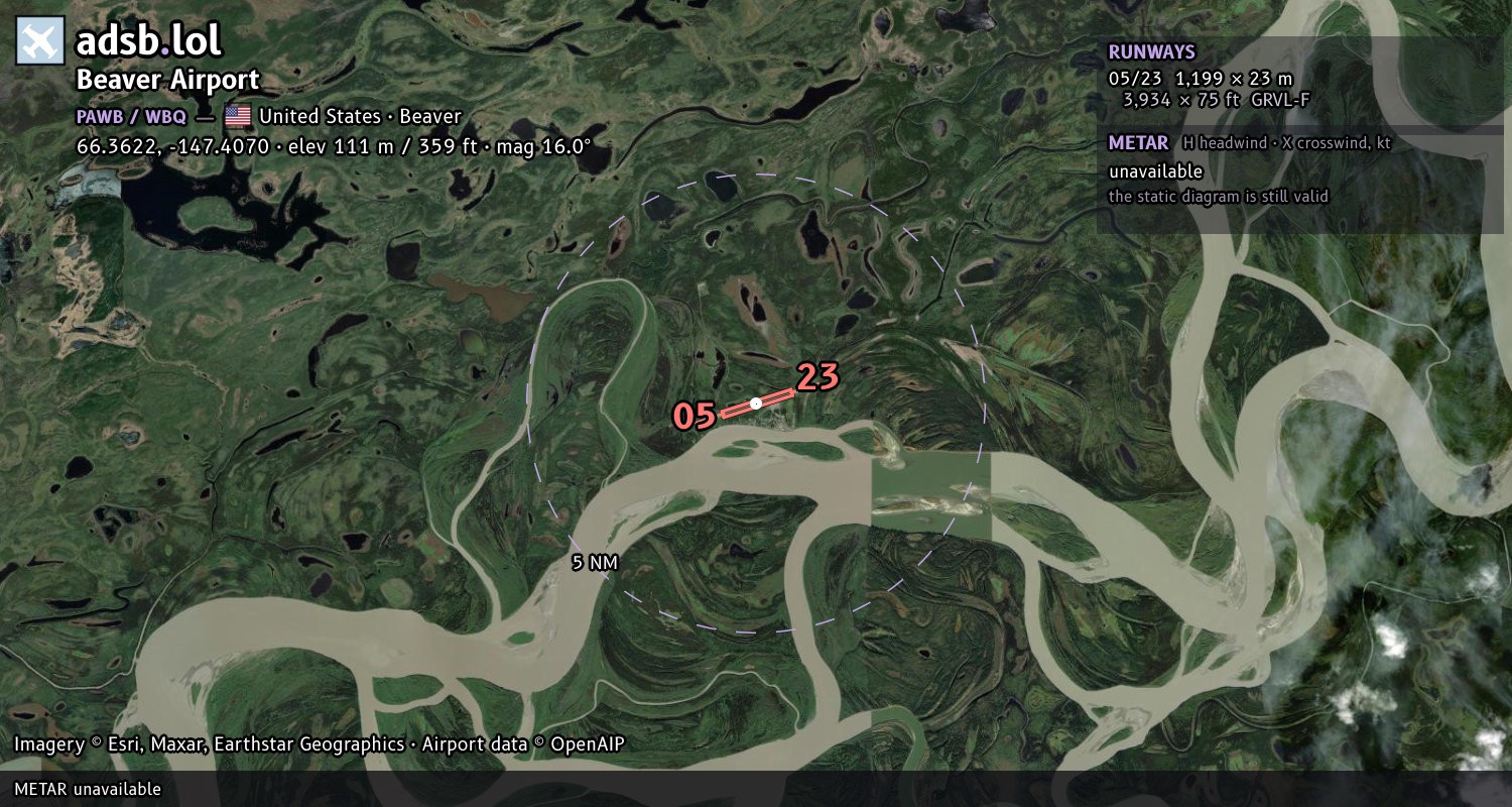 Satellite map with the runway layout of Beaver Airport (PAWB)