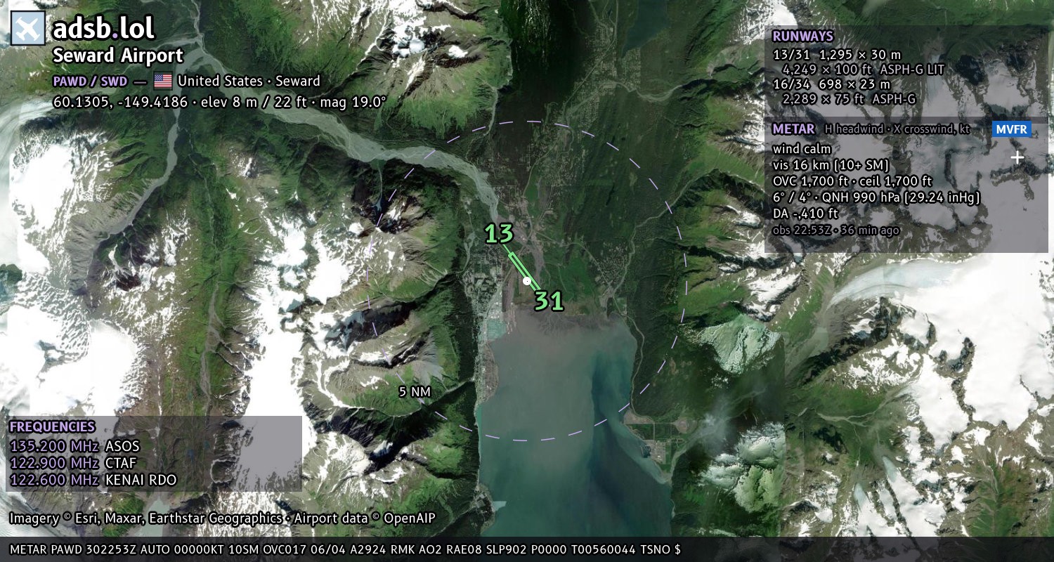 Satellite map with the runway layout of Seward Airport (PAWD)