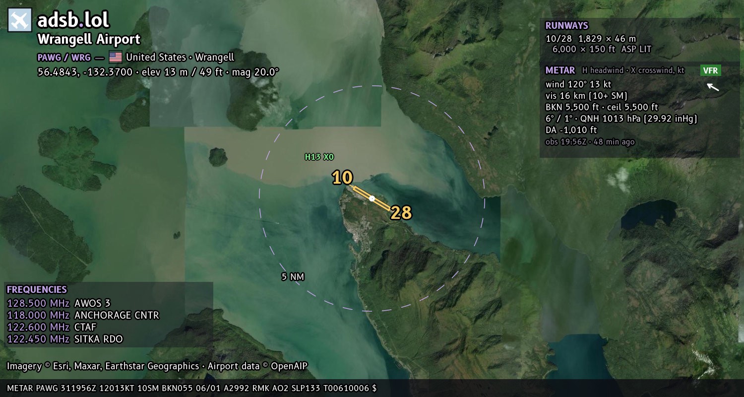 Satellite map with the runway layout of Wrangell Airport (PAWG)