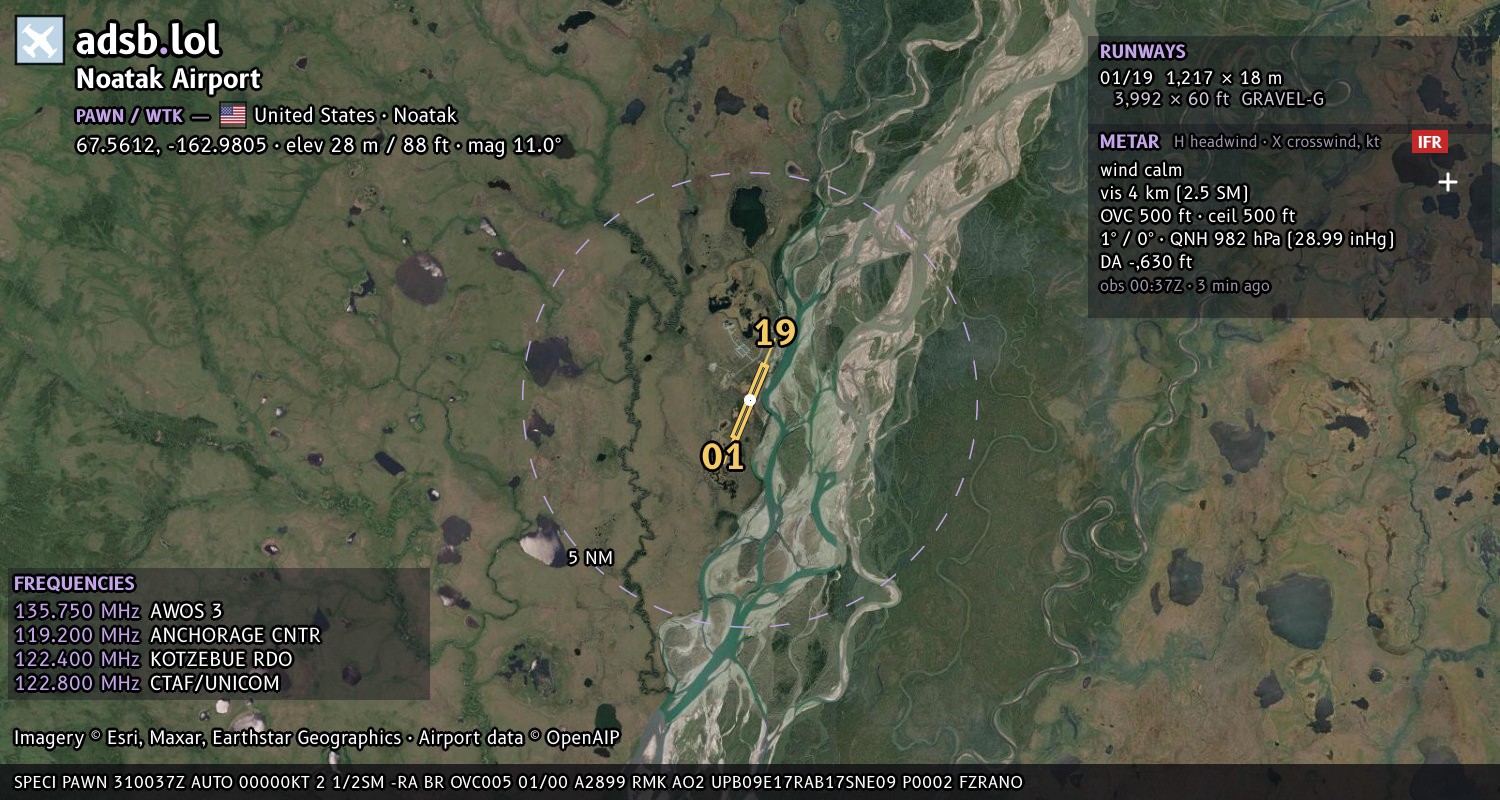 Satellite map with the runway layout of Noatak Airport (PAWN)
