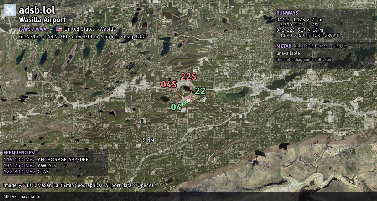 Satellite map with the runway layout of Wasilla Airport (PAWS)