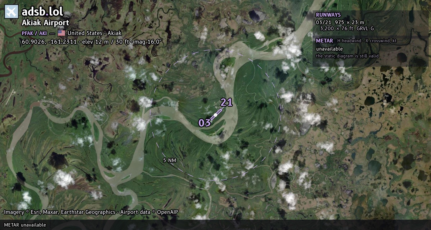 Satellite map with the runway layout of Akiak Airport (PFAK)