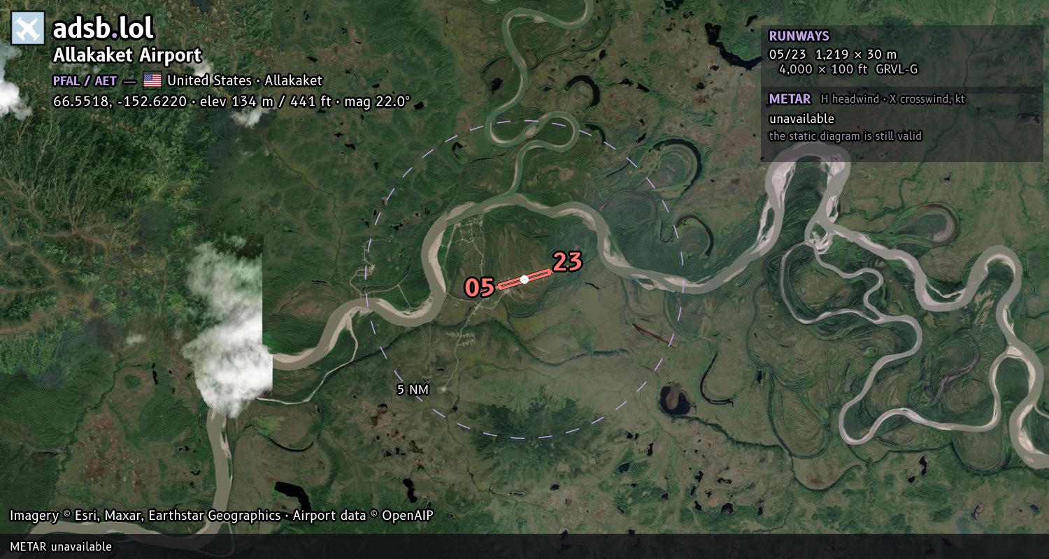 Satellite map with the runway layout of Allakaket Airport (PFAL)