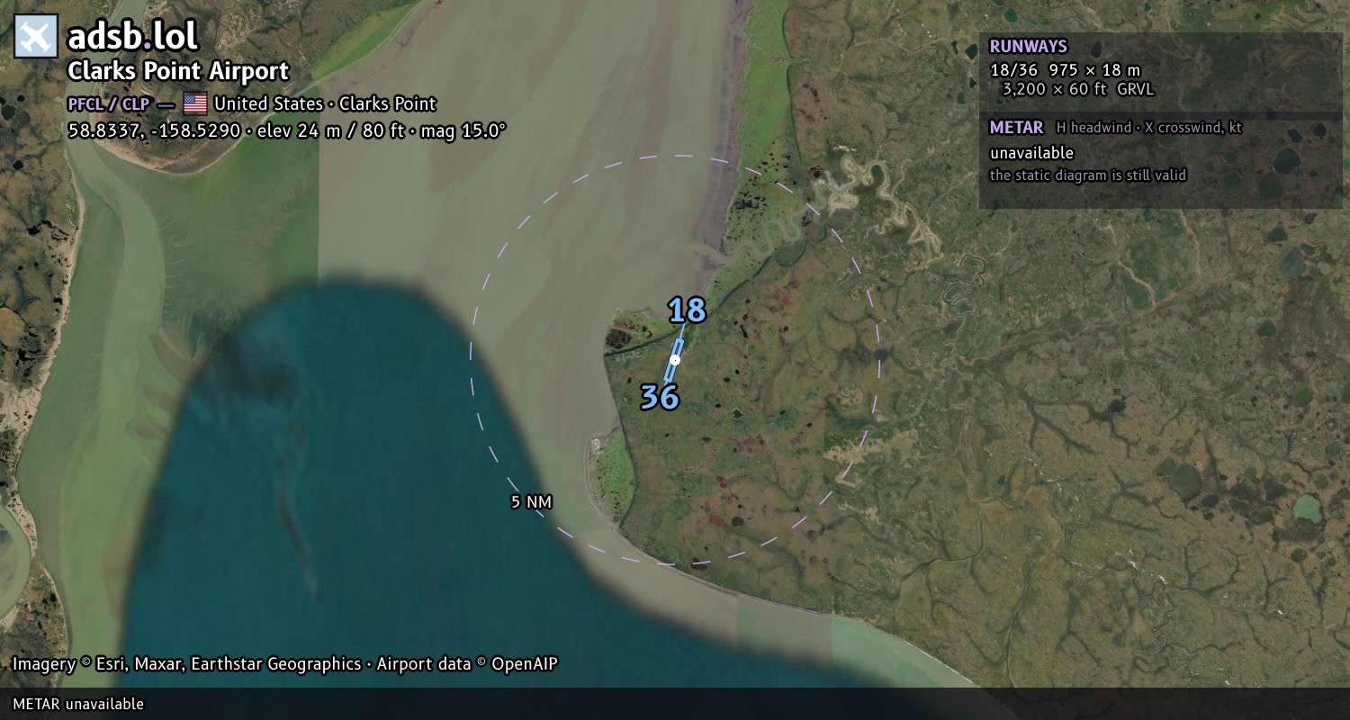 Satellite map with the runway layout of Clarks Point Airport (PFCL)