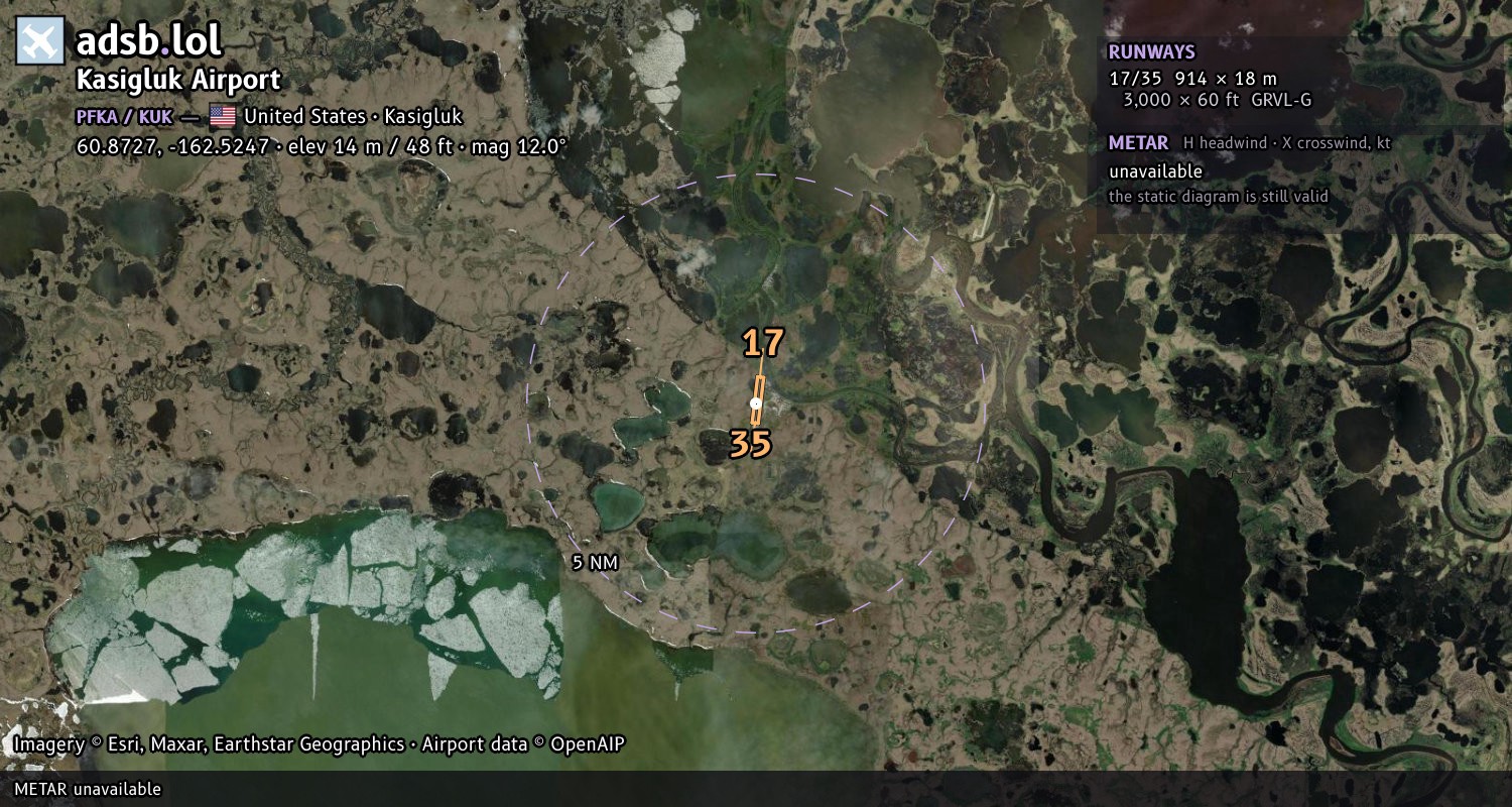 Satellite map with the runway layout of Kasigluk Airport (PFKA)