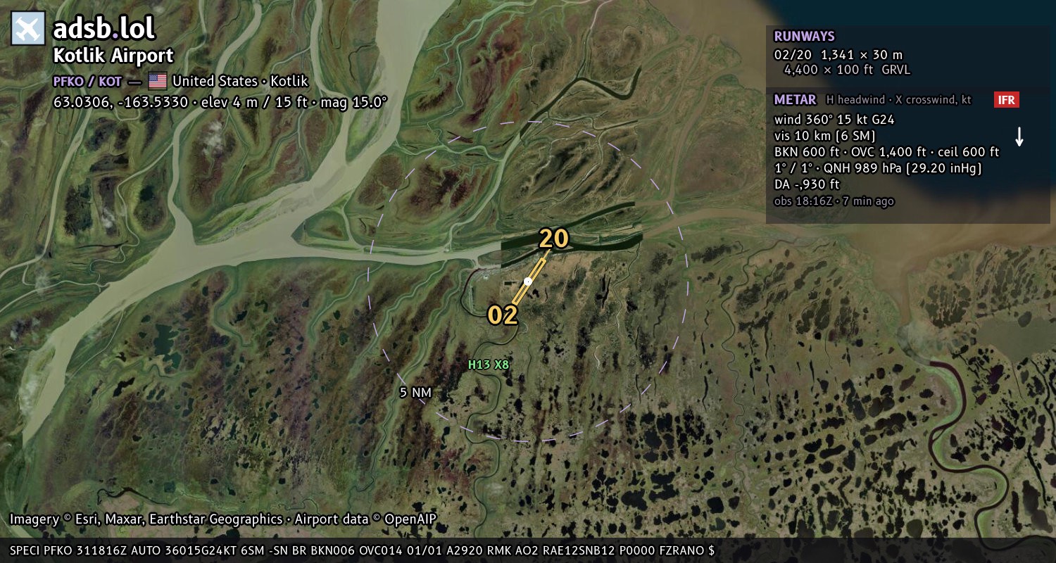 Satellite map with the runway layout of Kotlik Airport (PFKO)