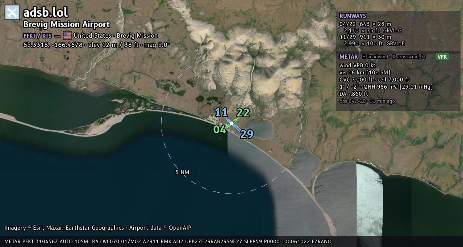 Satellite map with the runway layout of Brevig Mission Airport (PFKT)