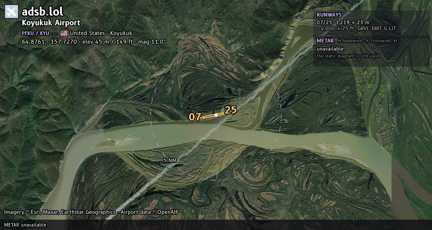 Satellite map with the runway layout of Koyukuk Airport (PFKU)