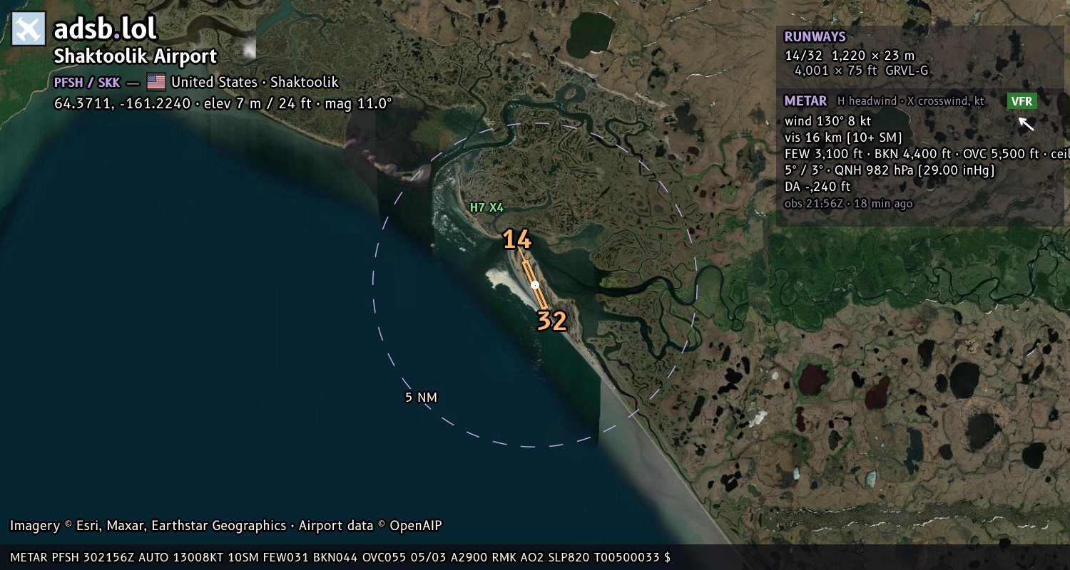 Satellite map with the runway layout of Shaktoolik Airport (PFSH)