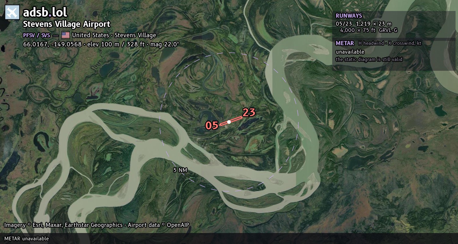 Satellite map with the runway layout of Stevens Village Airport (PFSV)