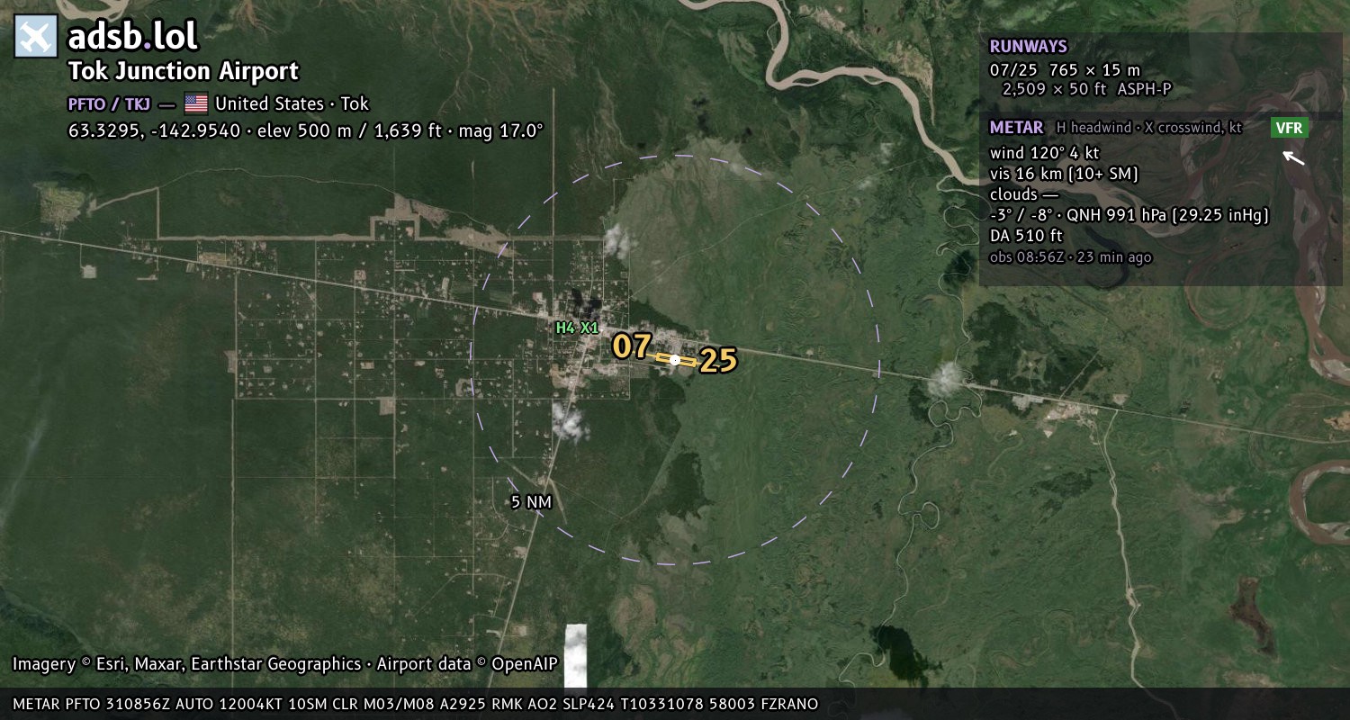 Satellite map with the runway layout of Tok Junction Airport (PFTO)