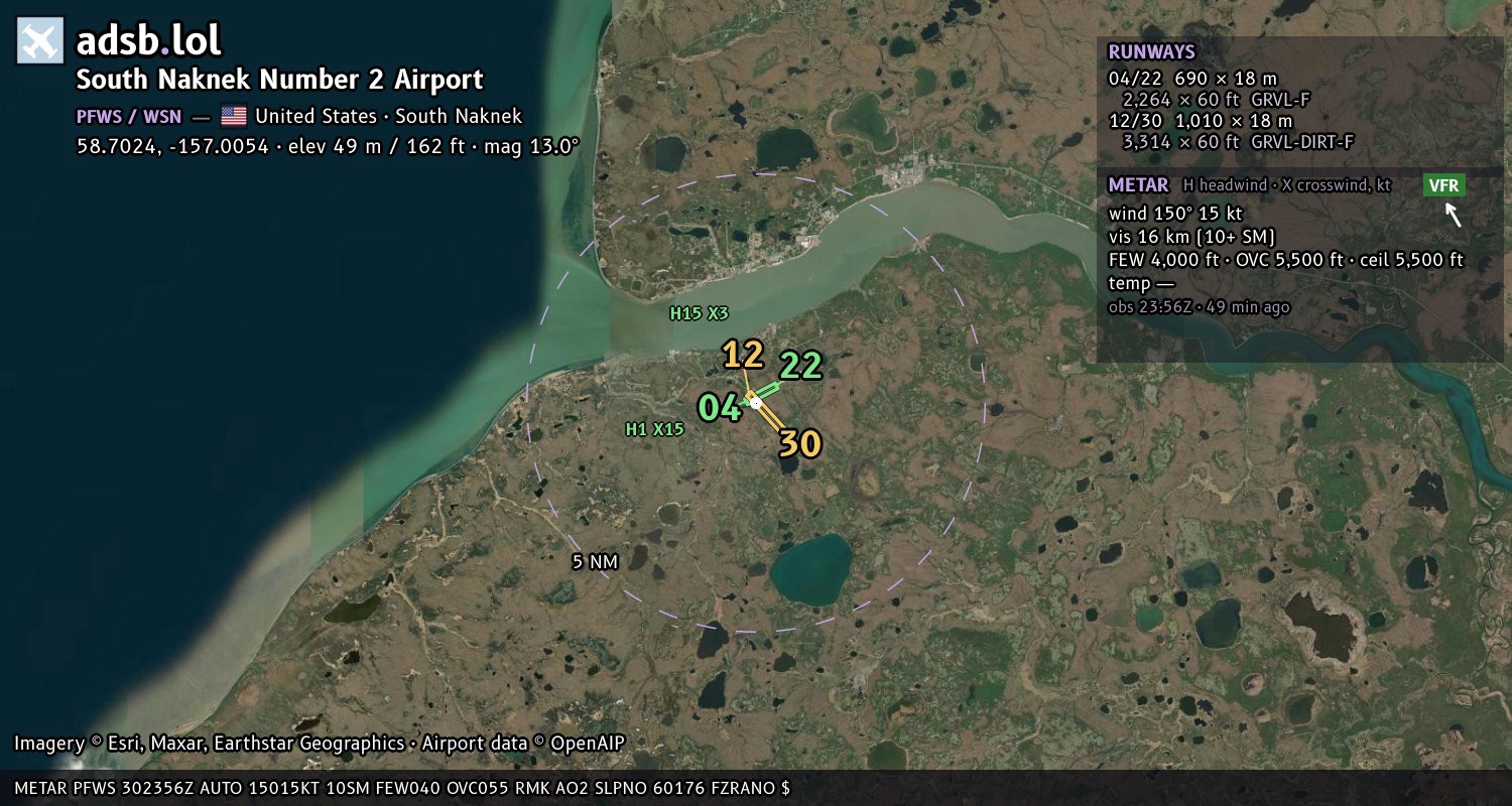 Satellite map with the runway layout of South Naknek Number 2 Airport (PFWS)