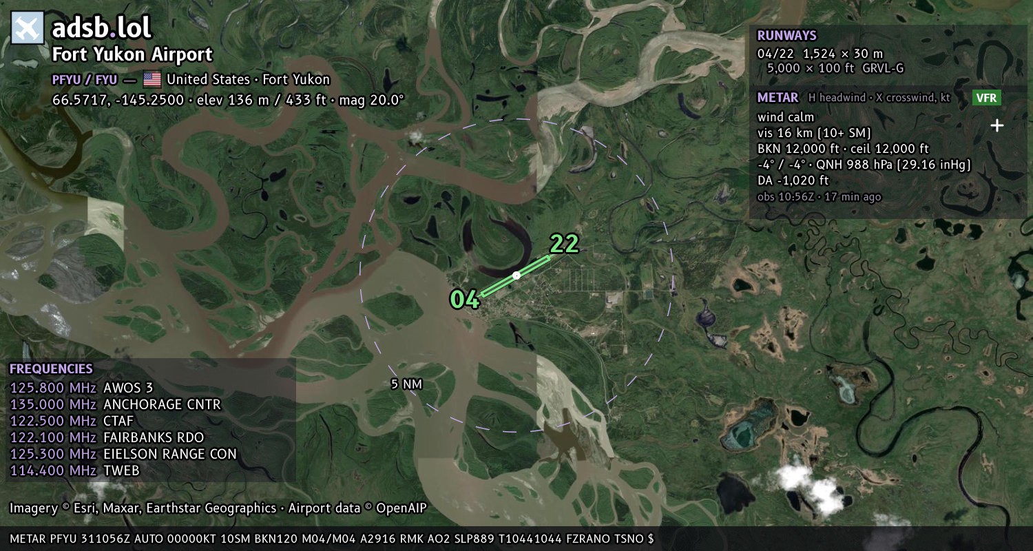 Satellite map with the runway layout of Fort Yukon Airport (PFYU)