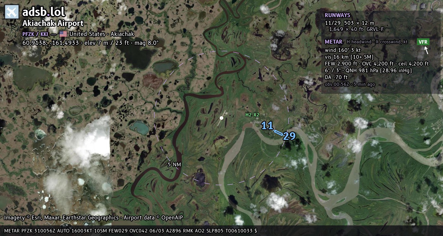 Satellite map with the runway layout of Akiachak Airport (PFZK)