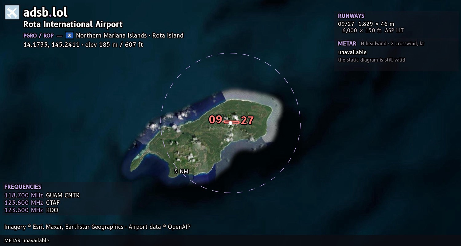 Satellite map with the runway layout of Rota International Airport (PGRO)
