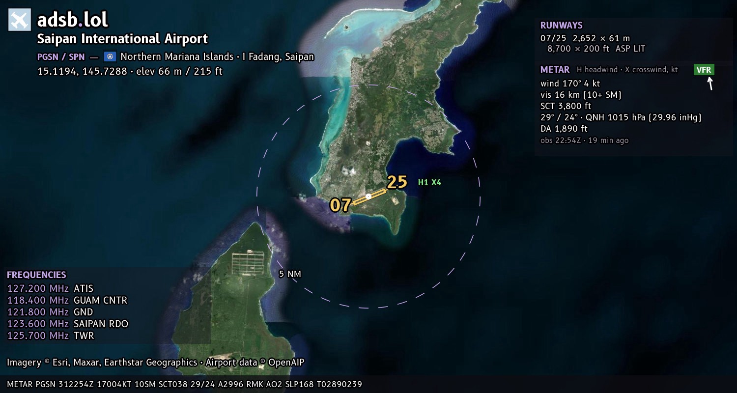 Satellite map with the runway layout of Saipan International Airport (PGSN)