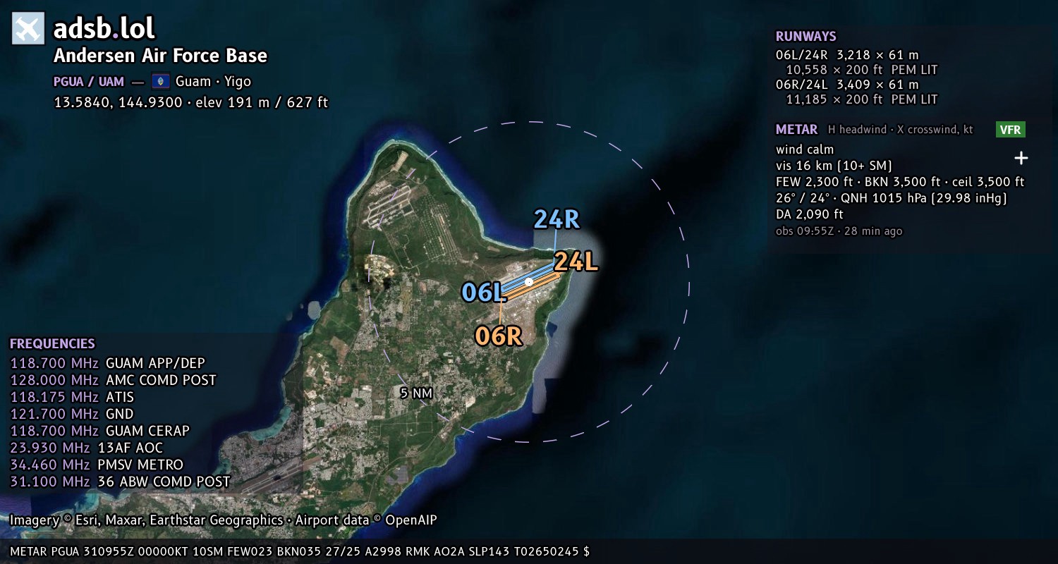 Satellite map with the runway layout of Andersen Air Force Base (PGUA)