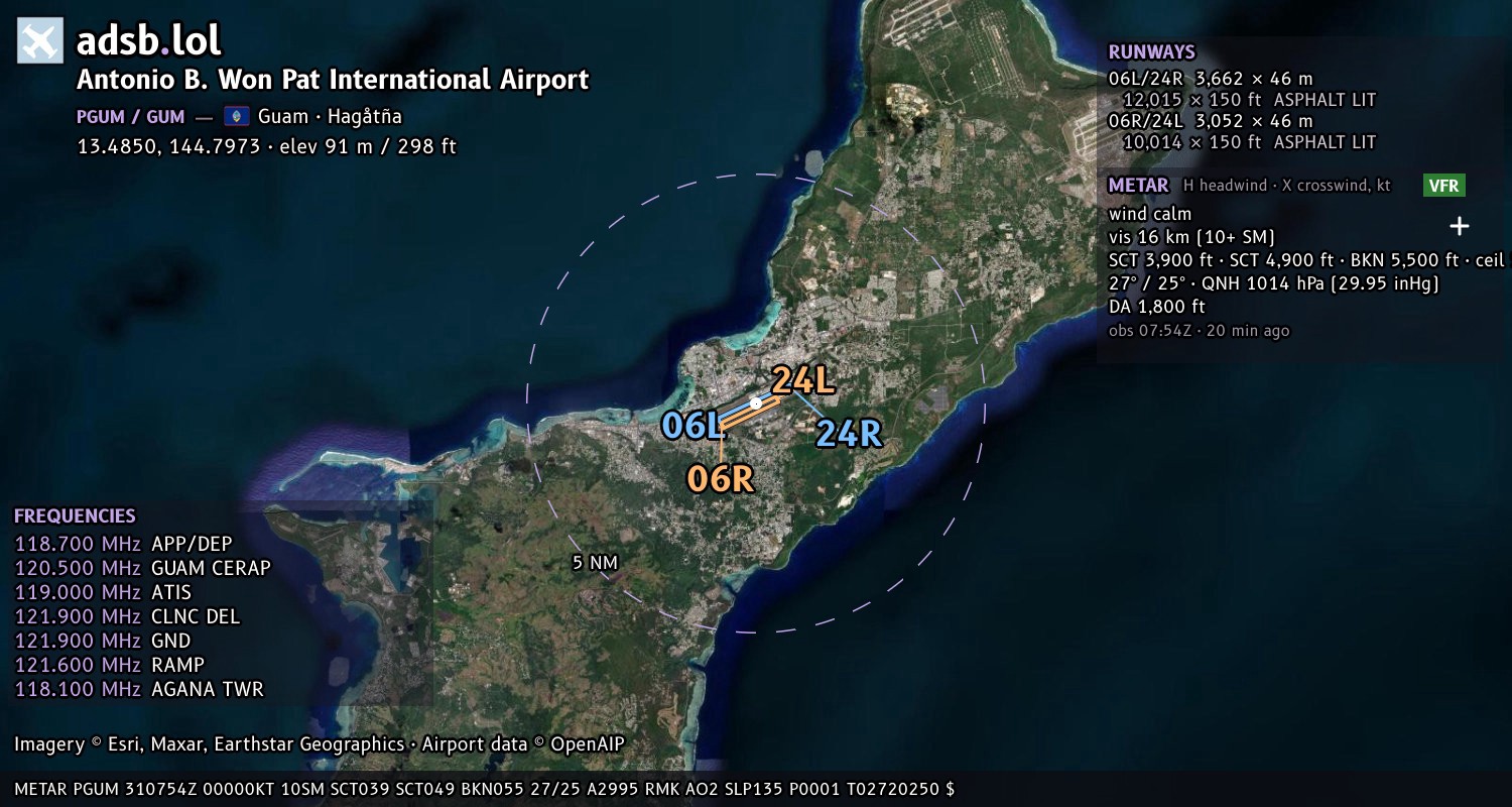 Satellite map with the runway layout of Antonio B. Won Pat International Airport (PGUM)