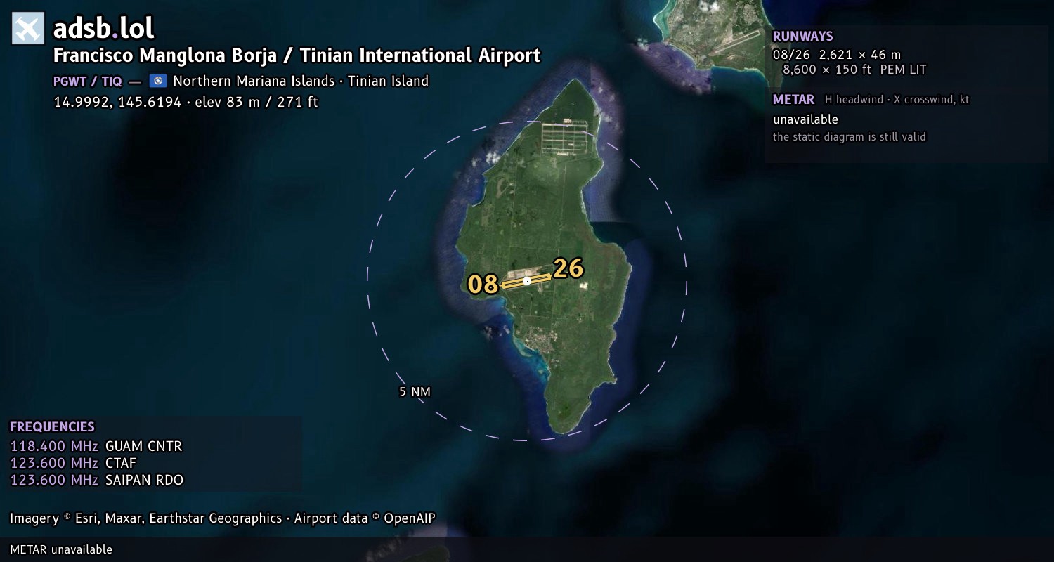 Satellite map with the runway layout of Francisco Manglona Borja / Tinian International Airport (PGWT)