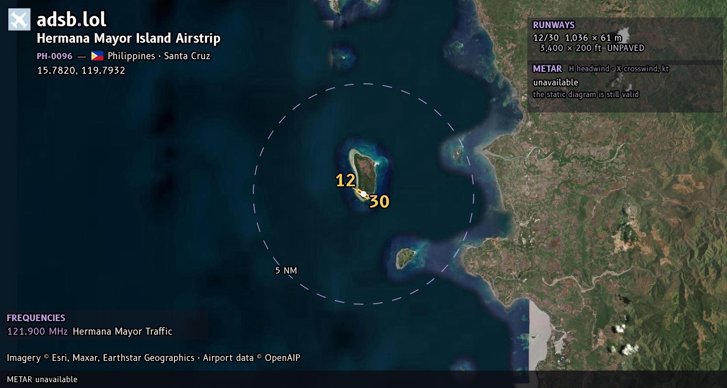Satellite map with the runway layout of Hermana Mayor Island Airstrip (PH-0096)