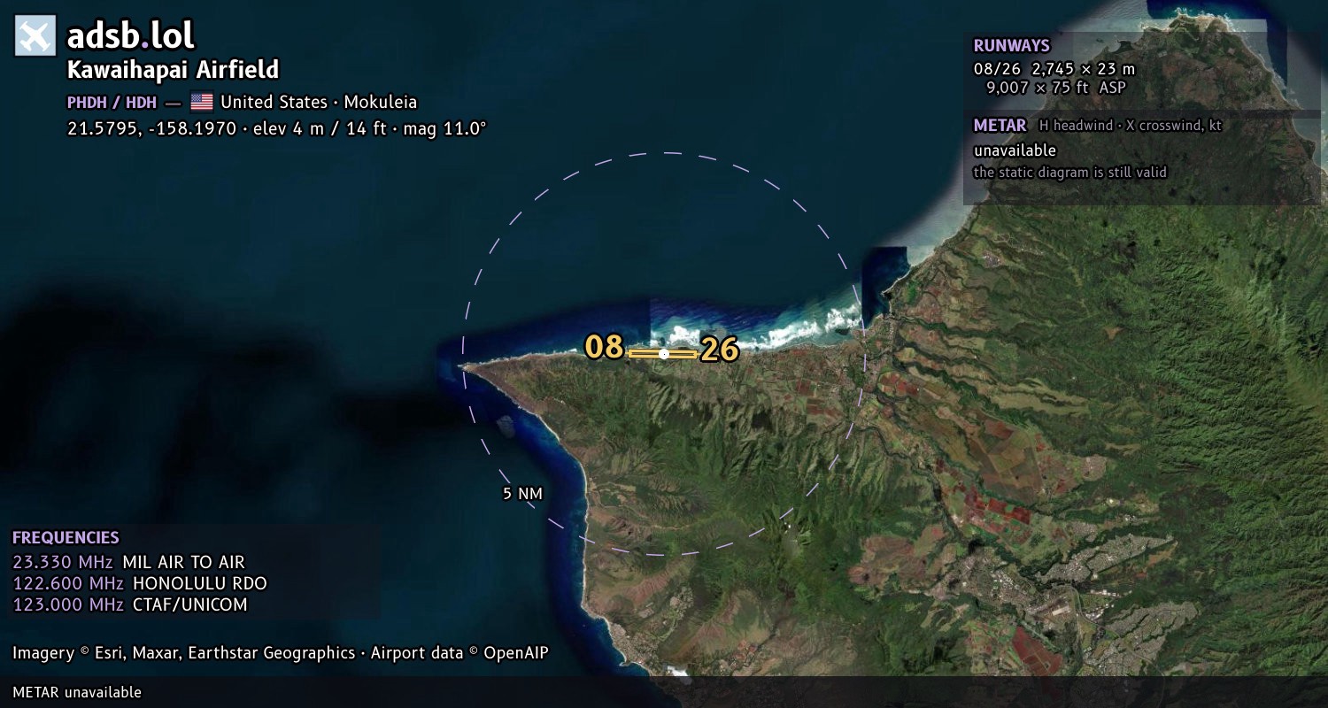 Satellite map with the runway layout of Kawaihapai Airfield (PHDH)