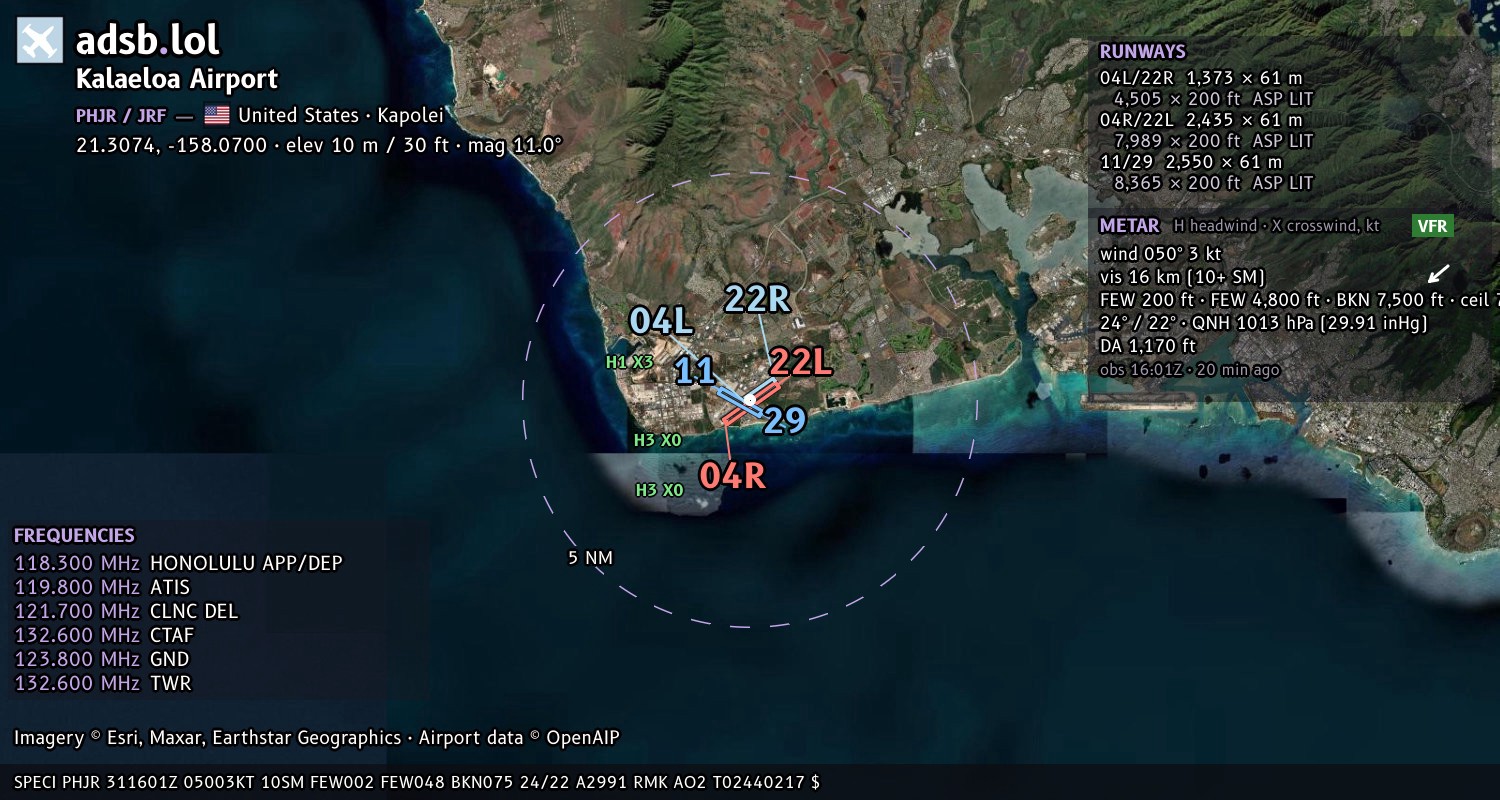 Satellite map with the runway layout of Kalaeloa Airport (PHJR)