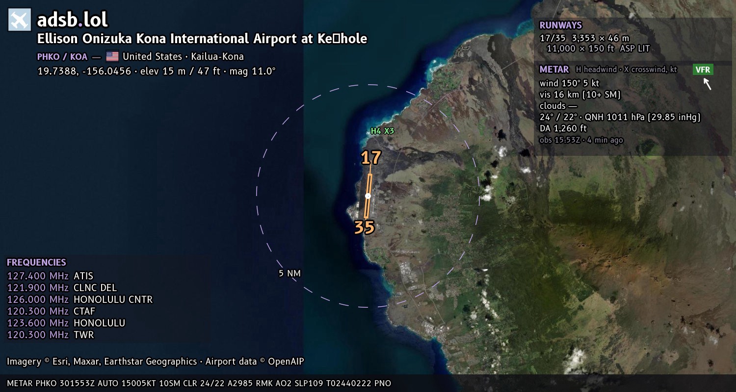 Satellite map with the runway layout of Ellison Onizuka Kona International Airport at Keāhole (PHKO)