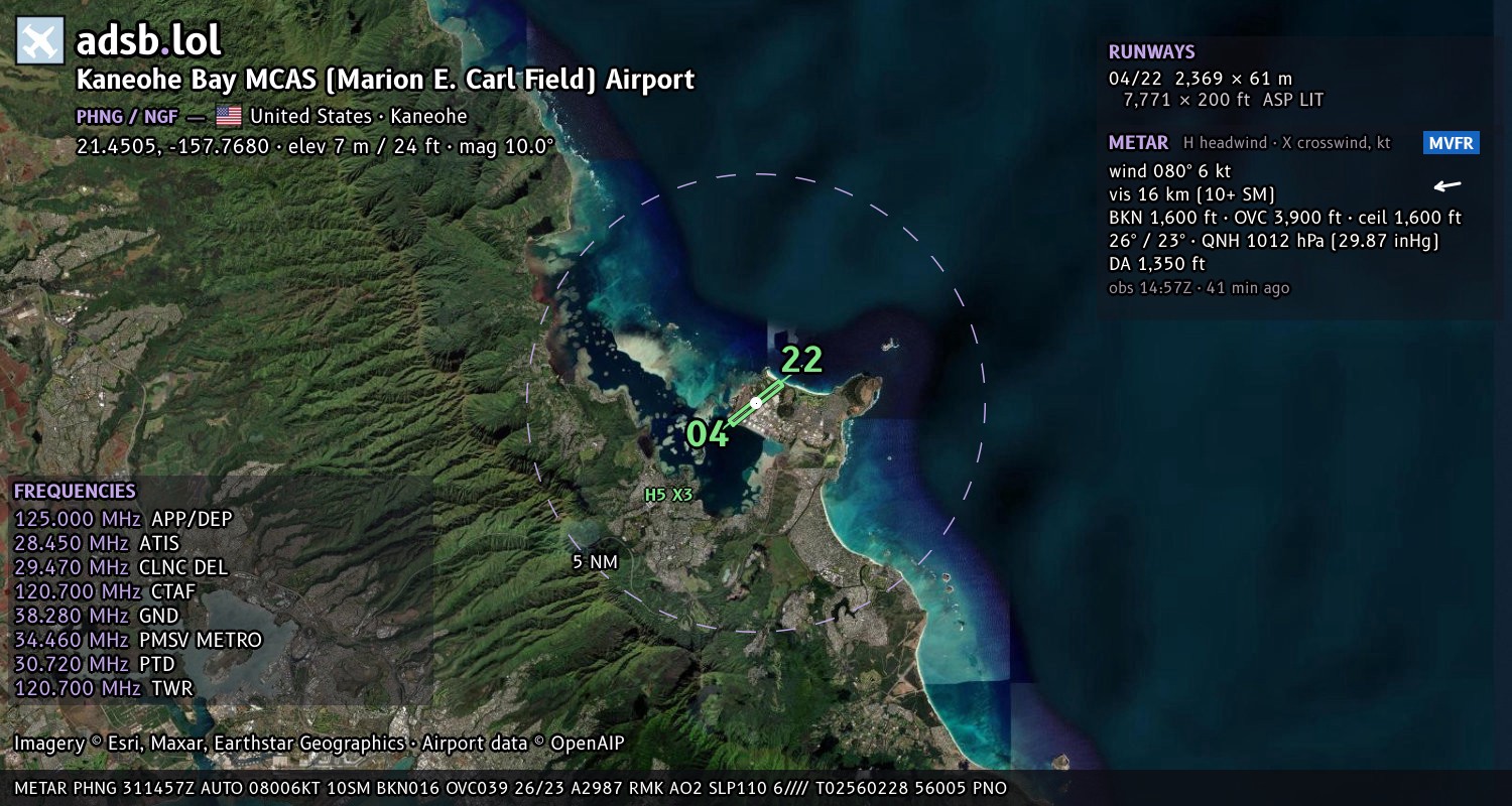 Satellite map with the runway layout of Kaneohe Bay MCAS (Marion E. Carl Field) Airport (PHNG)