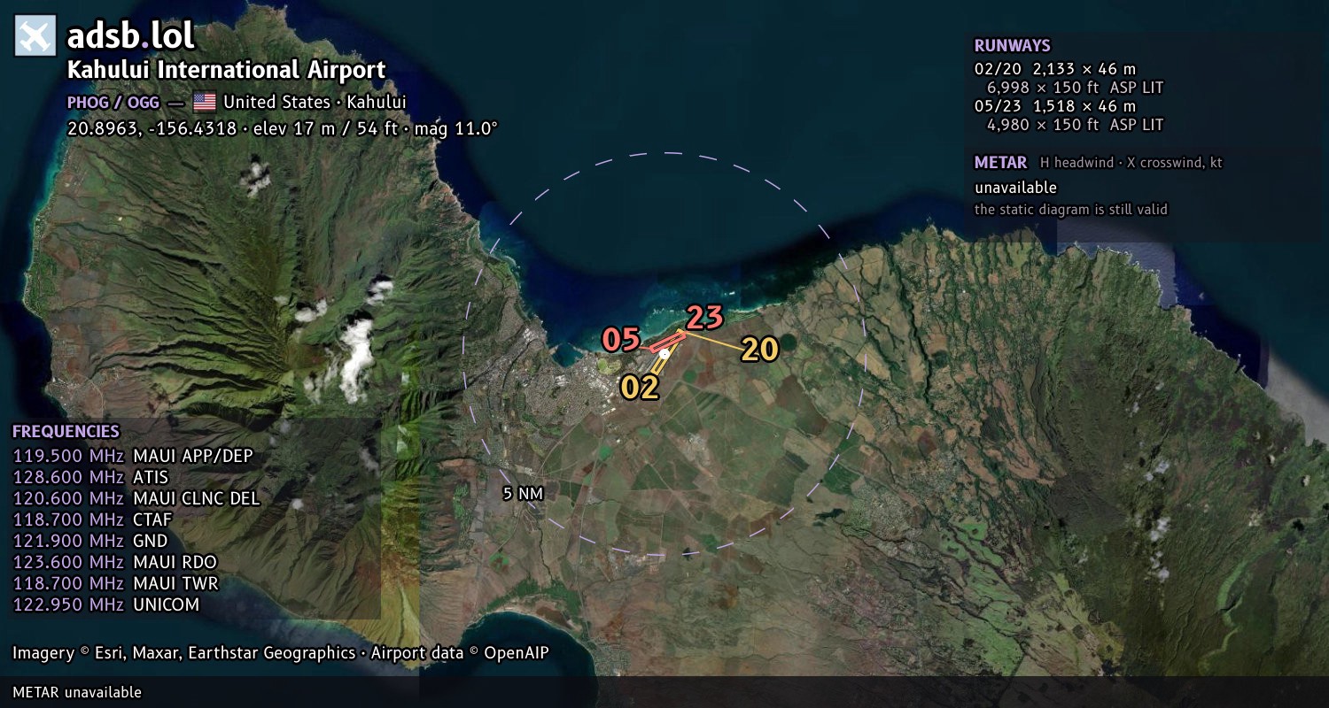 Satellite map with the runway layout of Kahului International Airport (PHOG)