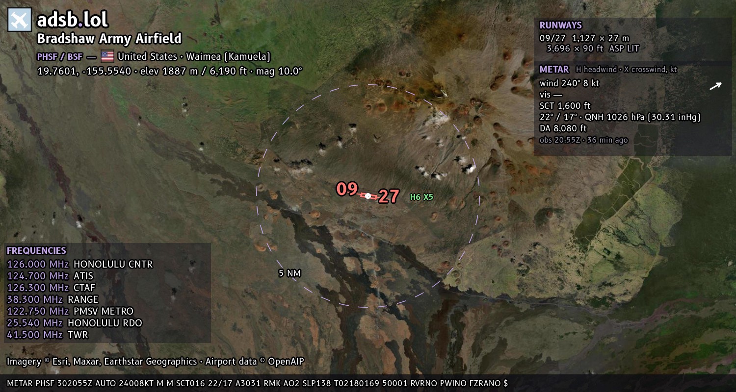 Satellite map with the runway layout of Bradshaw Army Airfield (PHSF)