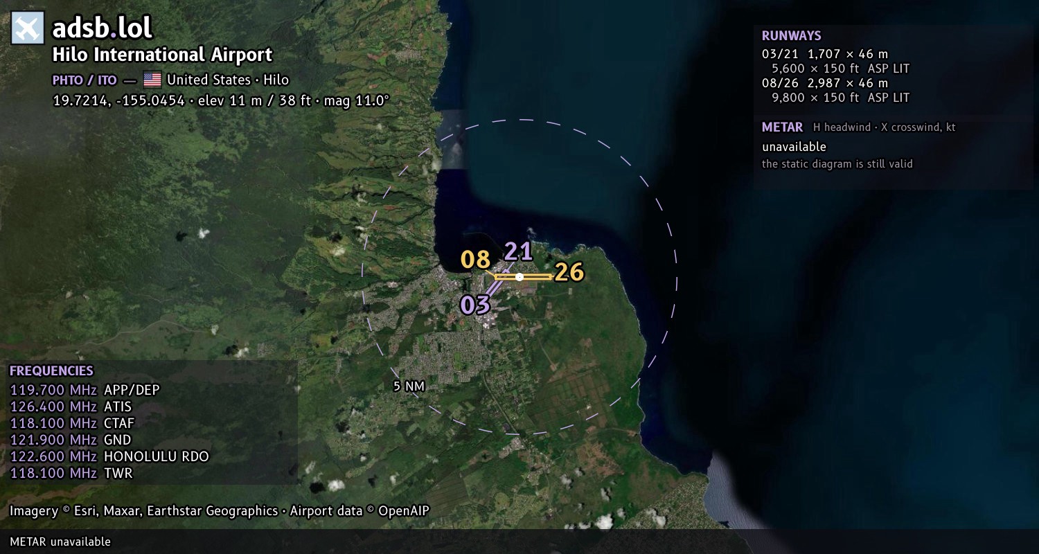 Satellite map with the runway layout of Hilo International Airport (PHTO)