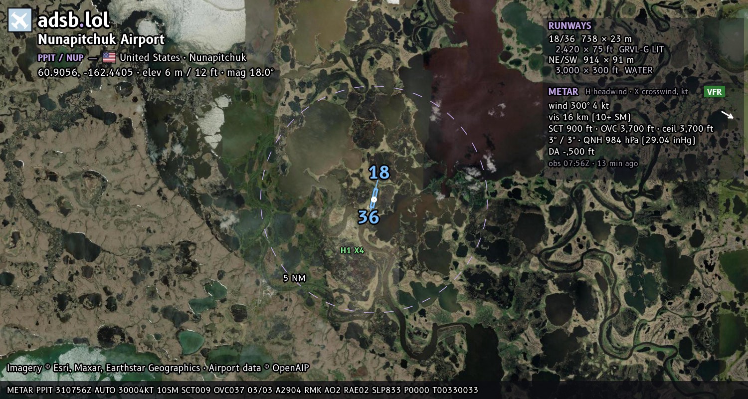 Satellite map with the runway layout of Nunapitchuk Airport (PPIT)