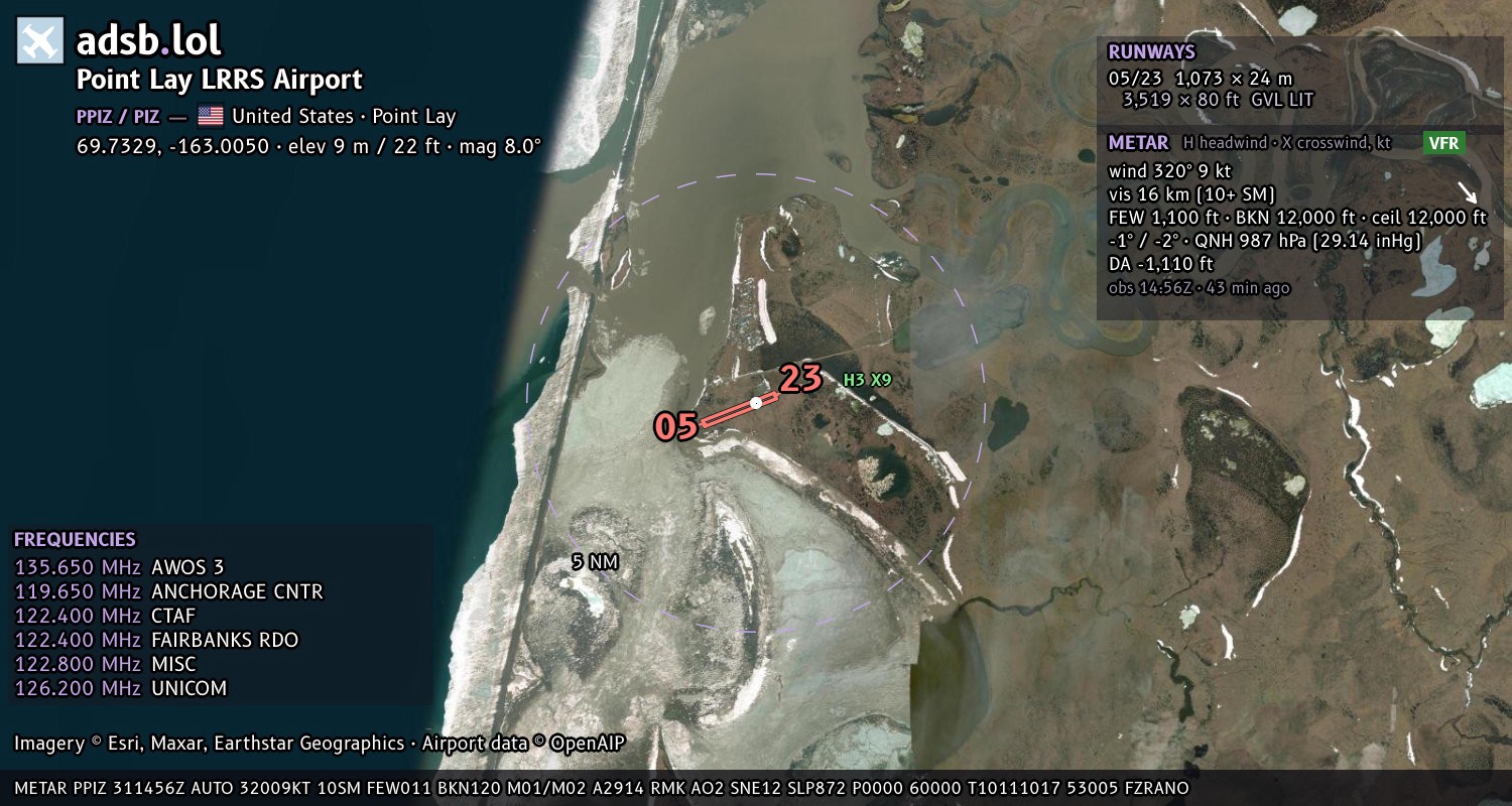 Satellite map with the runway layout of Point Lay LRRS Airport (PPIZ)