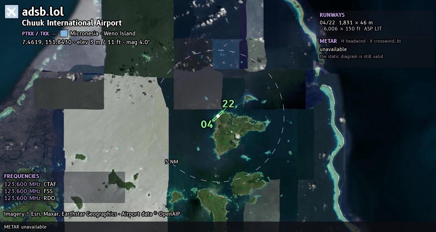 Satellite map with the runway layout of Chuuk International Airport (PTKK)