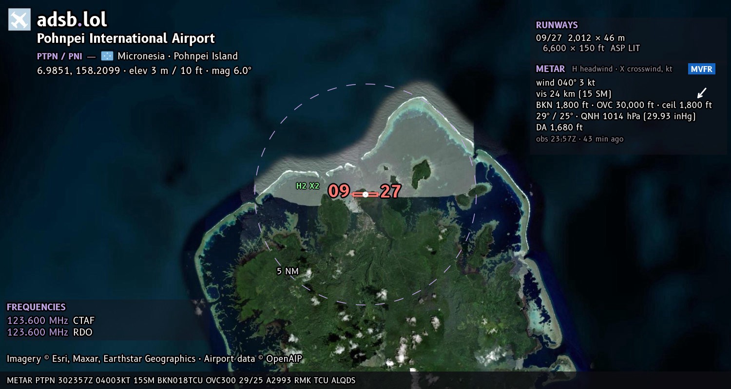 Satellite map with the runway layout of Pohnpei International Airport (PTPN)