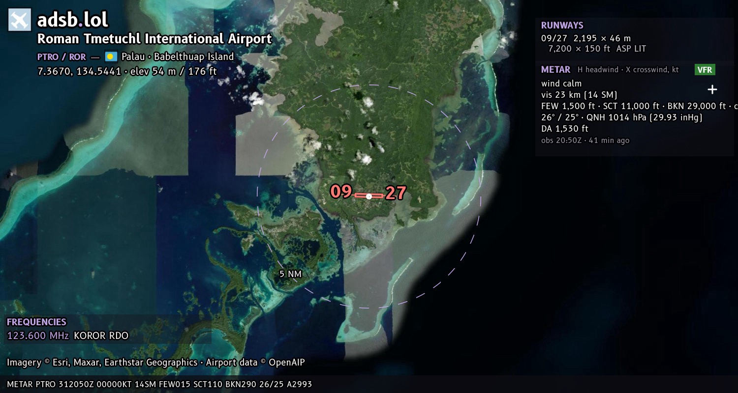 Satellite map with the runway layout of Roman Tmetuchl International Airport (PTRO)