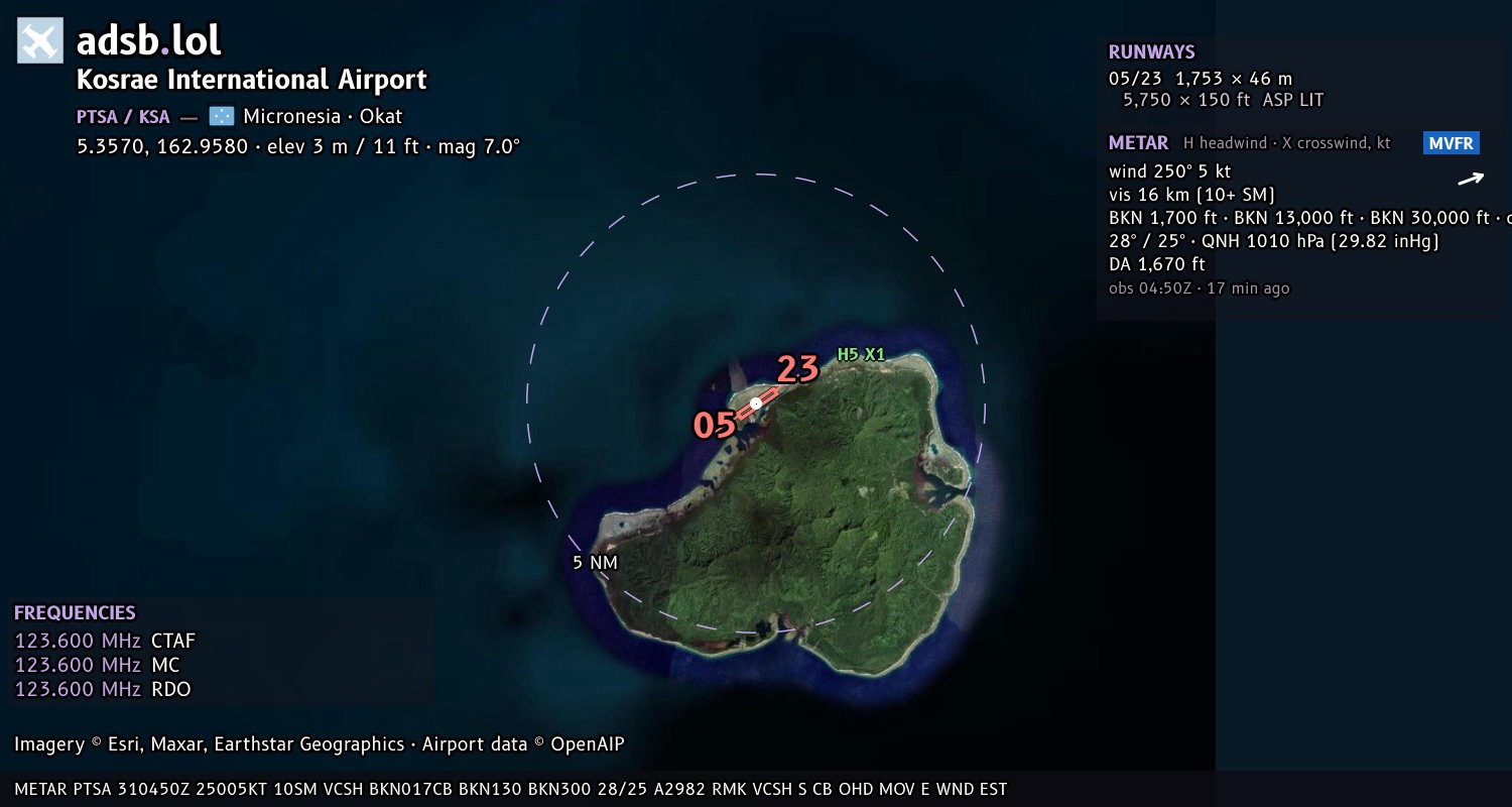 Satellite map with the runway layout of Kosrae International Airport (PTSA)