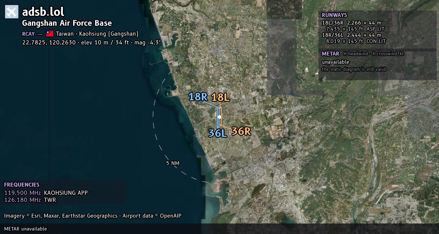 Satellite map with the runway layout of Gangshan Air Force Base (RCAY)