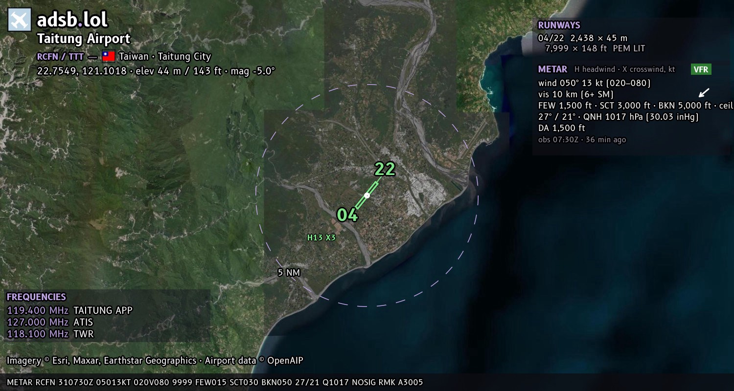 Satellite map with the runway layout of Taitung Airport (RCFN)