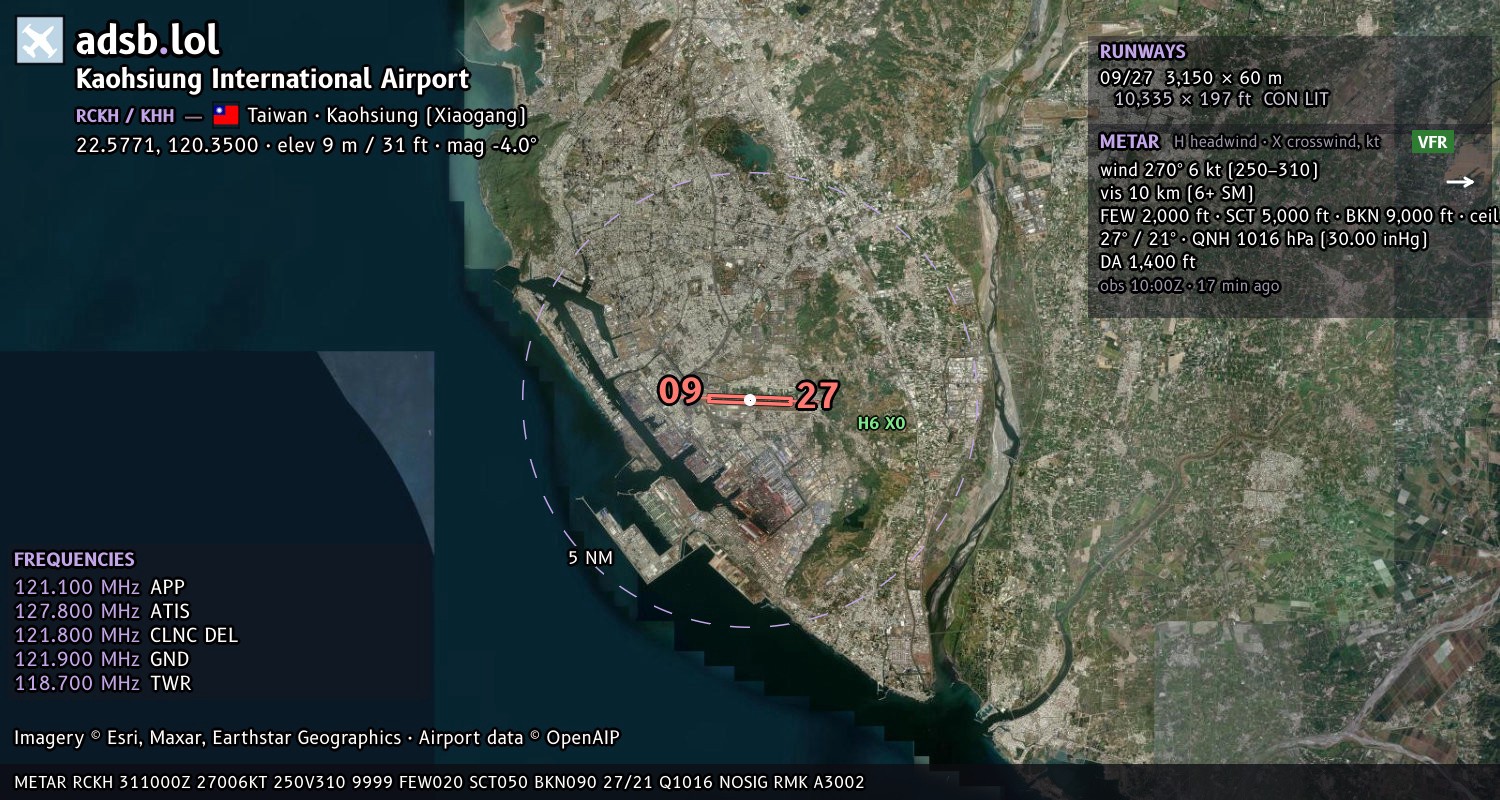 Satellite map with the runway layout of Kaohsiung International Airport (RCKH)