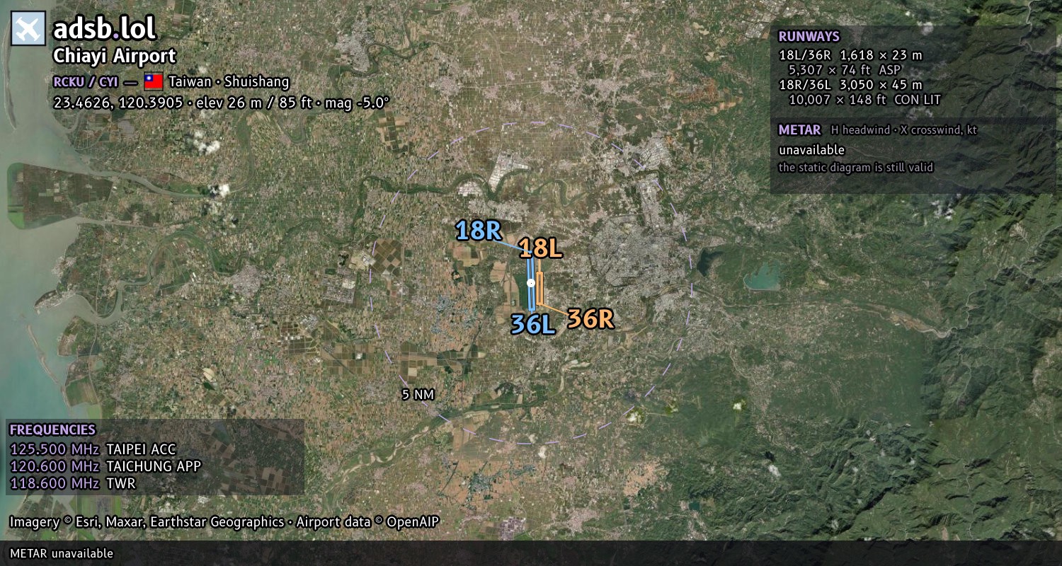 Satellite map with the runway layout of Chiayi Airport (RCKU)
