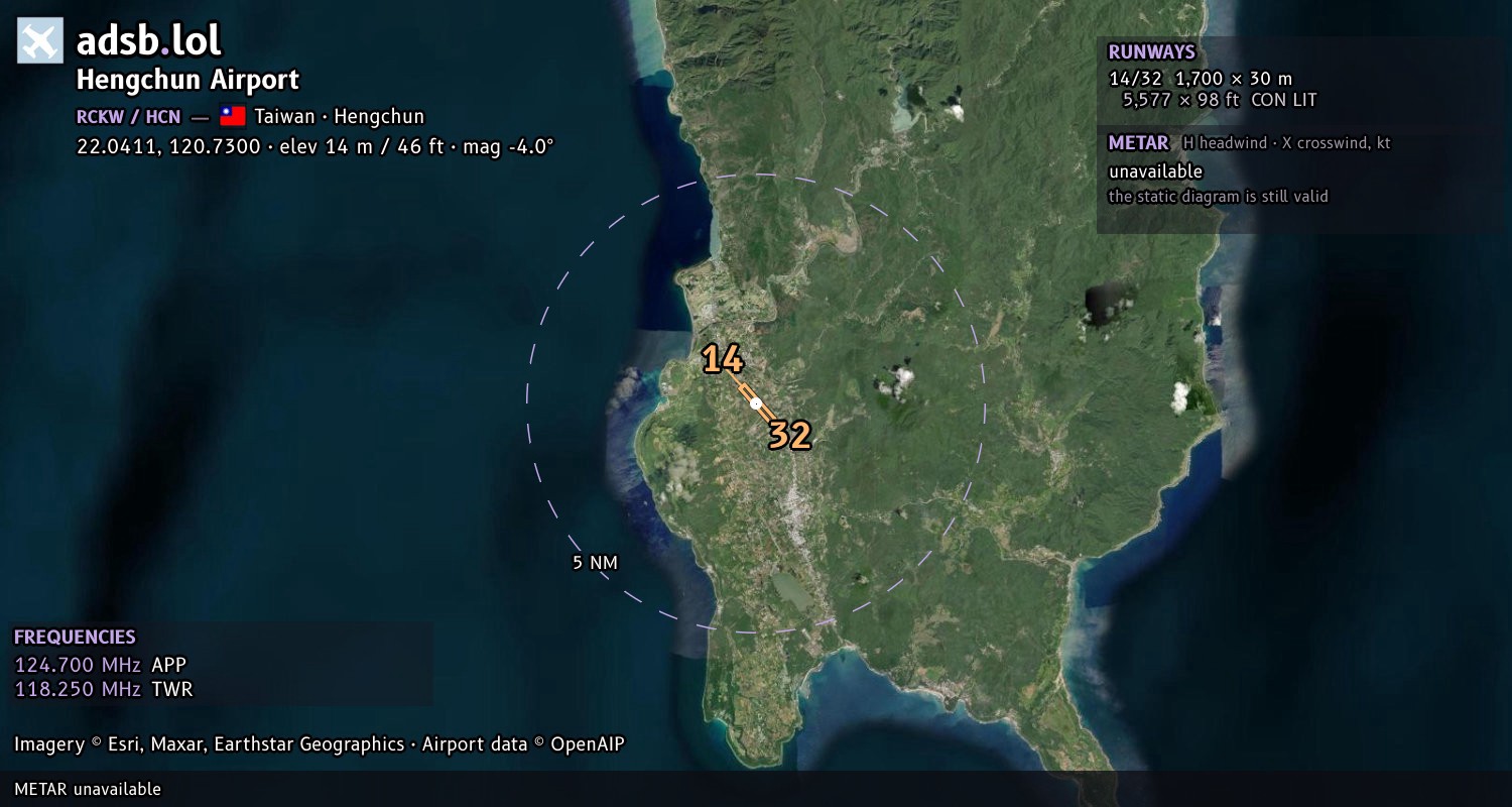 Satellite map with the runway layout of Hengchun Airport (RCKW)