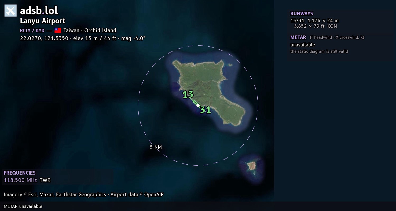 Satellite map with the runway layout of Lanyu Airport (RCLY)