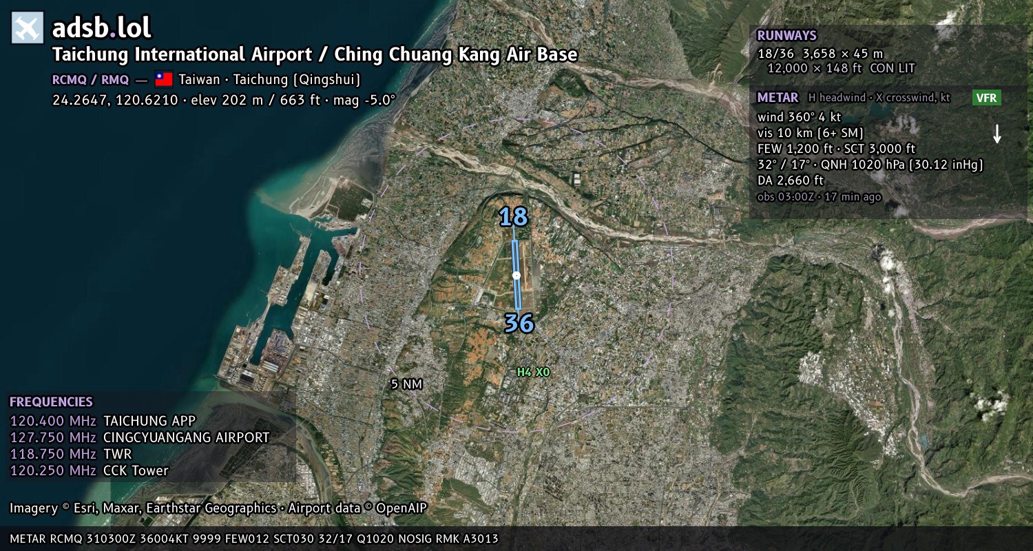 Satellite map with the runway layout of Taichung International Airport / Ching Chuang Kang Air Base (RCMQ)