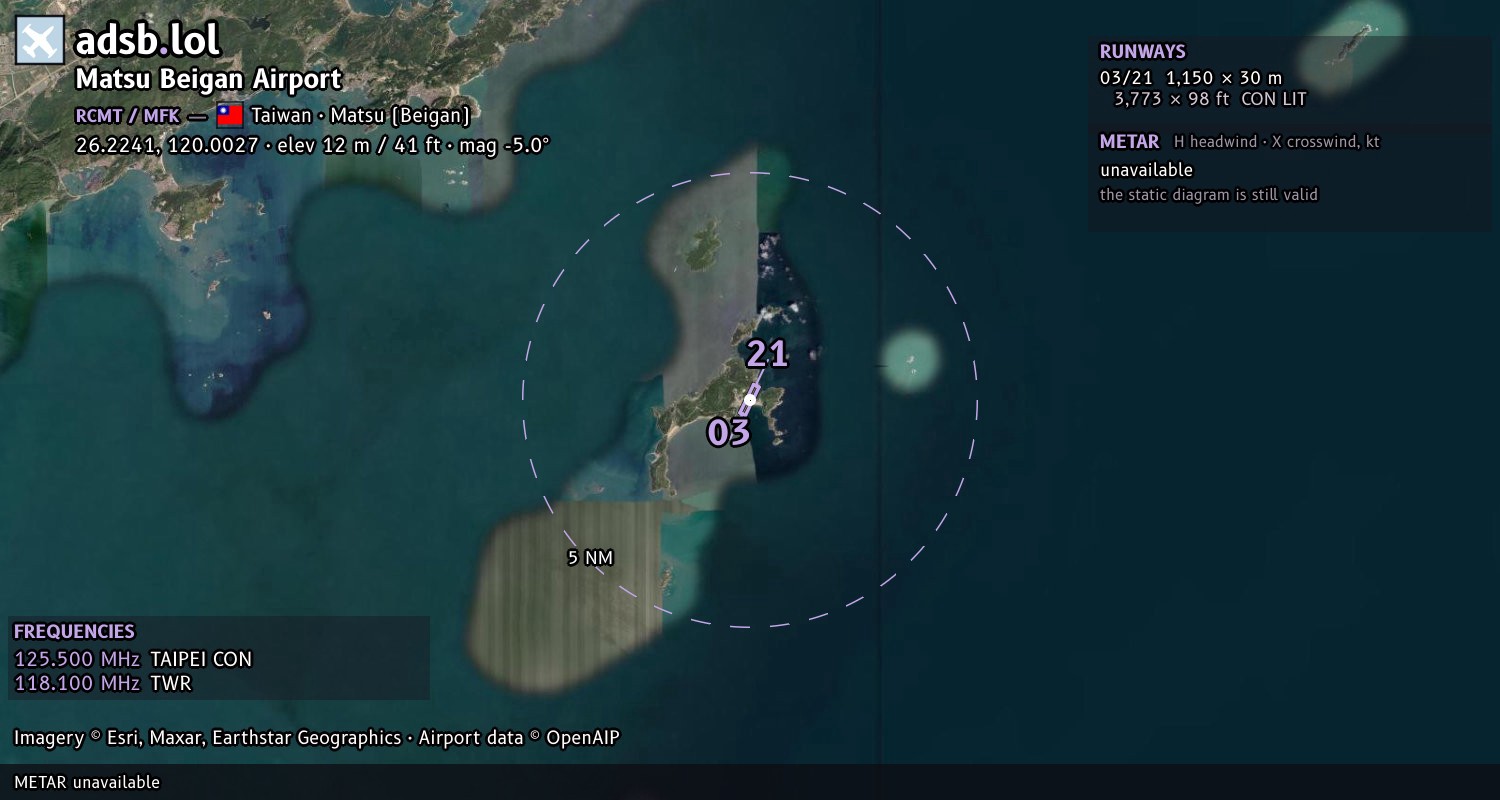Satellite map with the runway layout of Matsu Beigan Airport (RCMT)