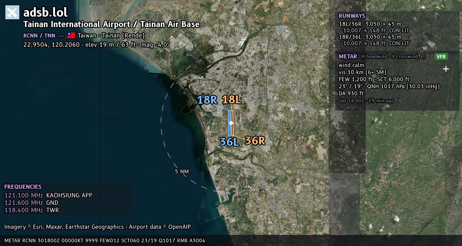 Satellite map with the runway layout of Tainan International Airport / Tainan Air Base (RCNN)