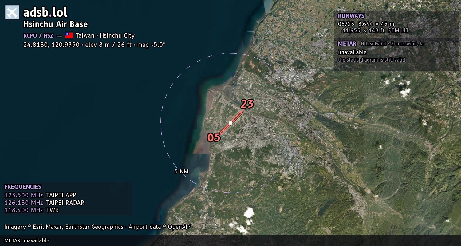 Satellite map with the runway layout of Hsinchu Air Base (RCPO)