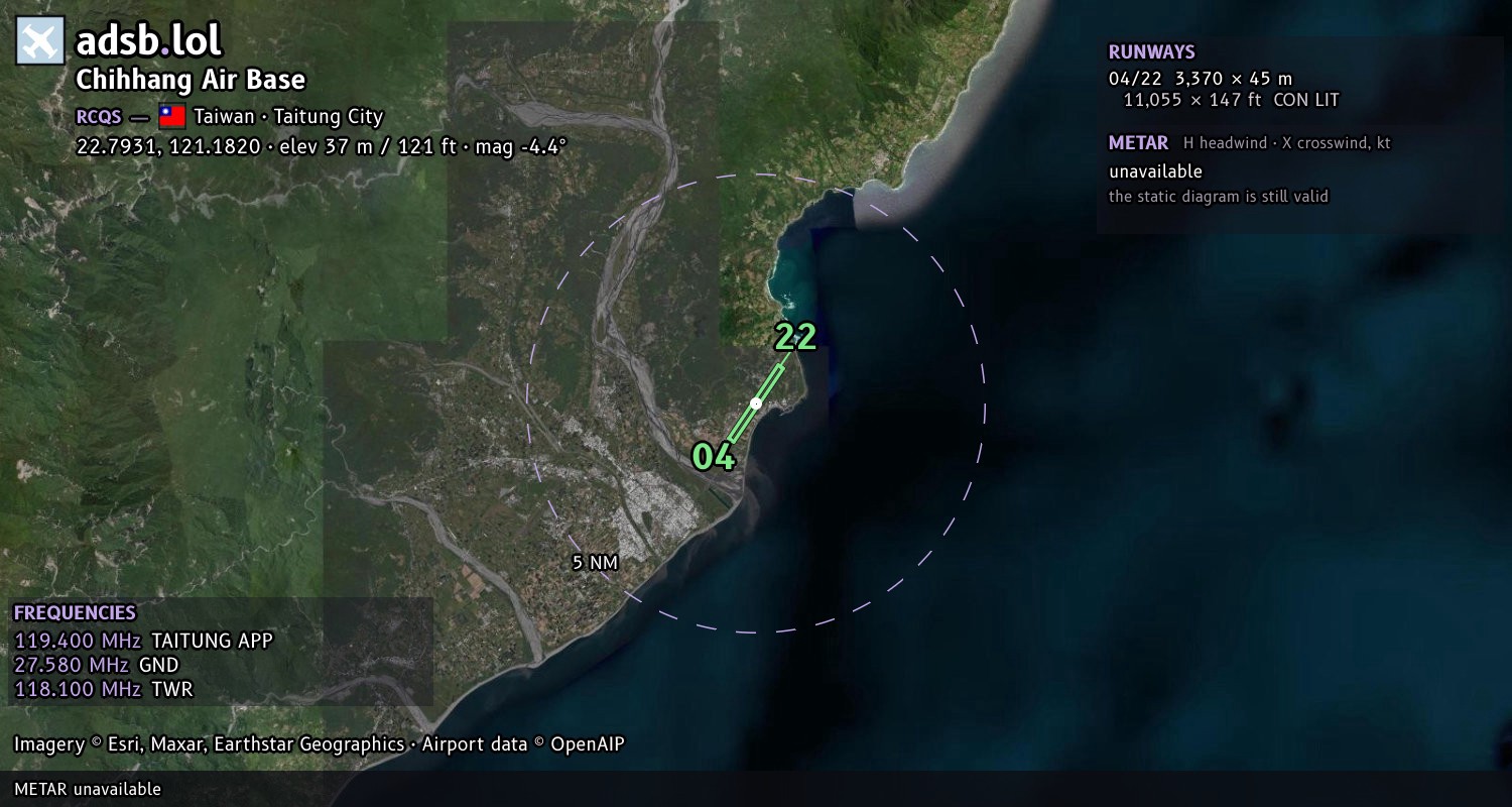 Satellite map with the runway layout of Chihhang Air Base (RCQS)