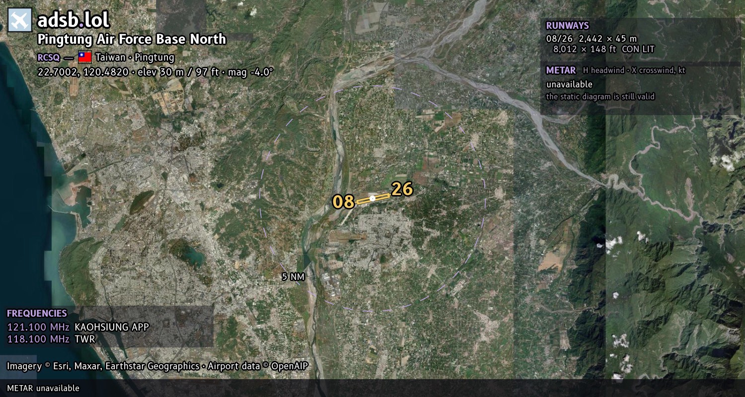Satellite map with the runway layout of Pingtung Air Force Base North (RCSQ)
